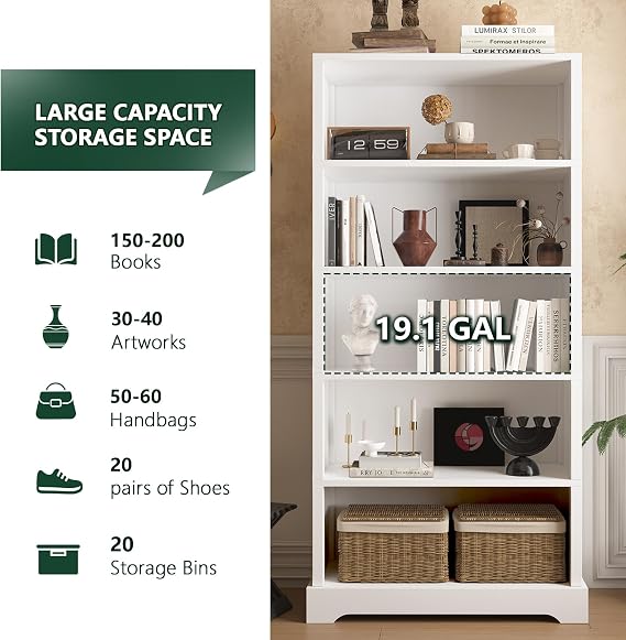 TVU 5 Tiers Wooden Bookshelf, 65.2 Tall Farmhouse Style Open Bookcase, 31.5 Wide Standing Book Shelf with Storage for Study Room, Living Room, White