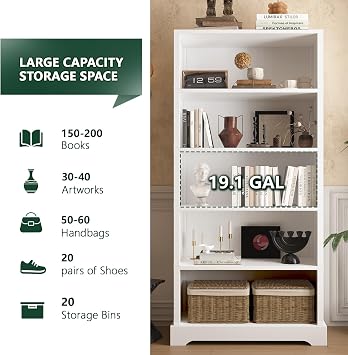 TVU 5 Tiers Wooden Bookshelf, 65.2 Tall Farmhouse Style Open Bookcase, 31.5 Wide Standing Book Shelf with Storage for Study Room, Living Room, White