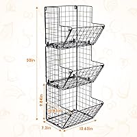 Vista 5 de X-cosrack Metal Wire Basket Wall Mount, 3 Tier Wall Storage Organizer with 5 S Hooks, Kitchen Fruits and Vegetables Bin Toys Organizer Hanging