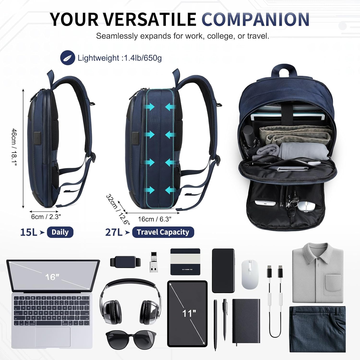 Slim Laptop Backpack for Men Women, 15.6" Expandable Business Travel Bag with Shock-Absorbing Laptop Protection & Water-Resistant Zippers, Blue