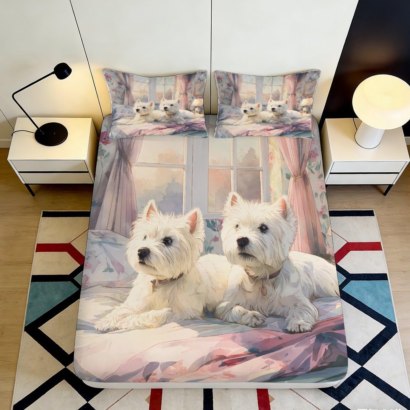 3D Printed White Dog Fitted Sheet Microfiber Non-Slip Bedroom Decor Puppy Bed Cover Machine Washable 90x200x25cm