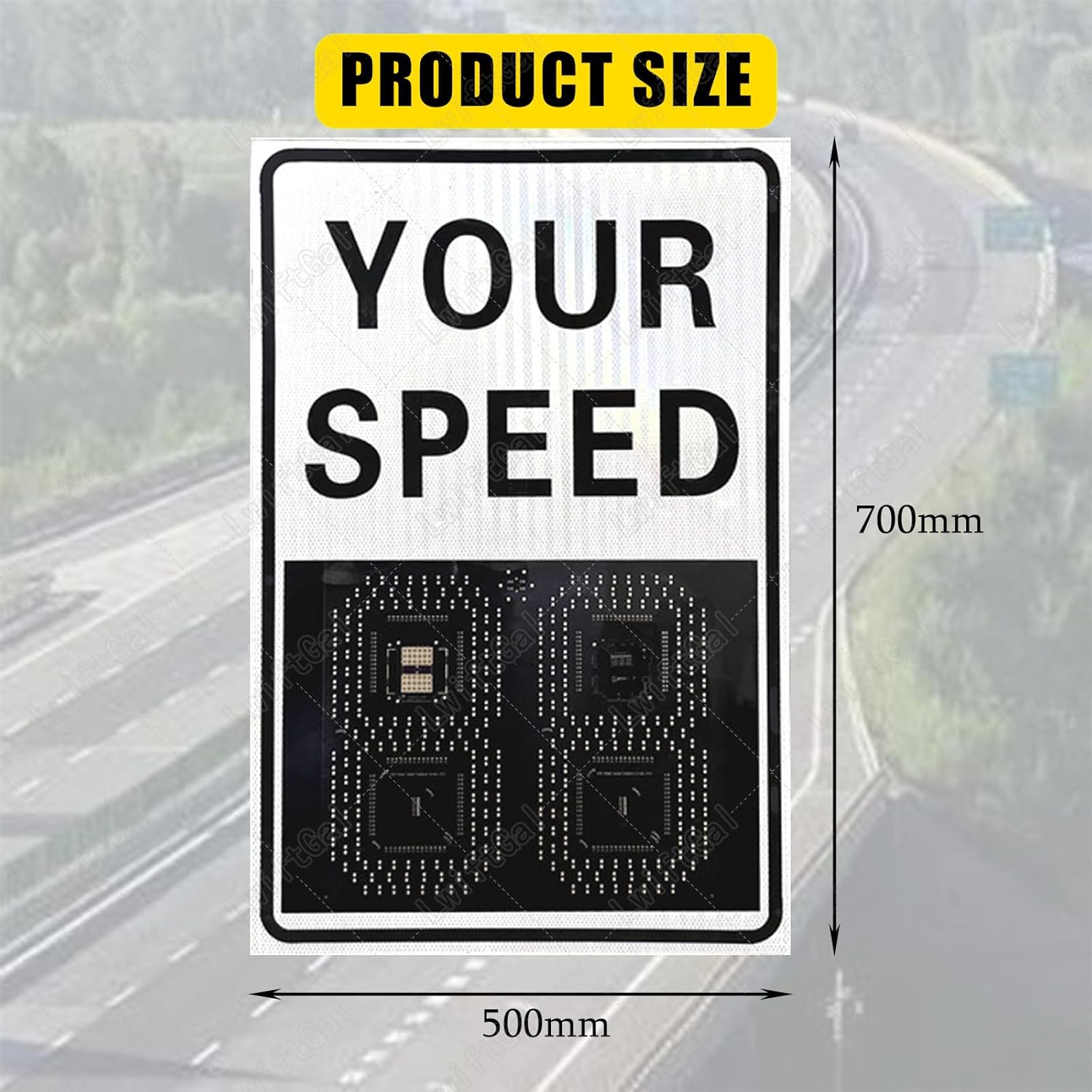 Radar Speed Sign, Solar Panel/Mains Electricity, Speed Display with Waterproof, Easy to Mount, Four Lanes of Speed Measurement Yellow-50 * 70cmSolarenergy