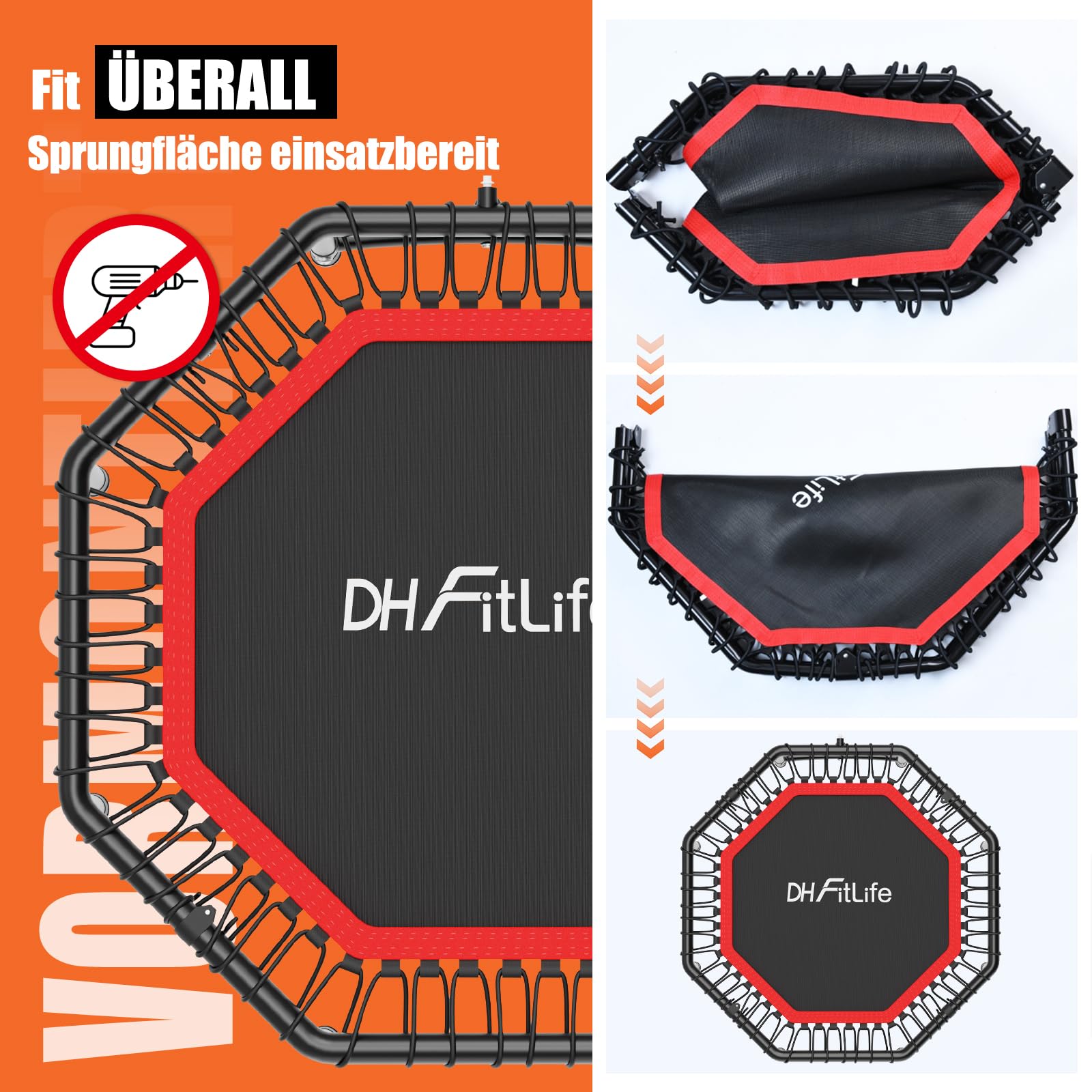 DH FitLife Fitness Indoor Trampolin klappbar mit vormontierter Sprungfläche | Ø121 cm 48 Zoll Trampoline | 150 kg Tragfähigkeit | 3-Fach Verstellbarer Handgriff | stabil & leise
