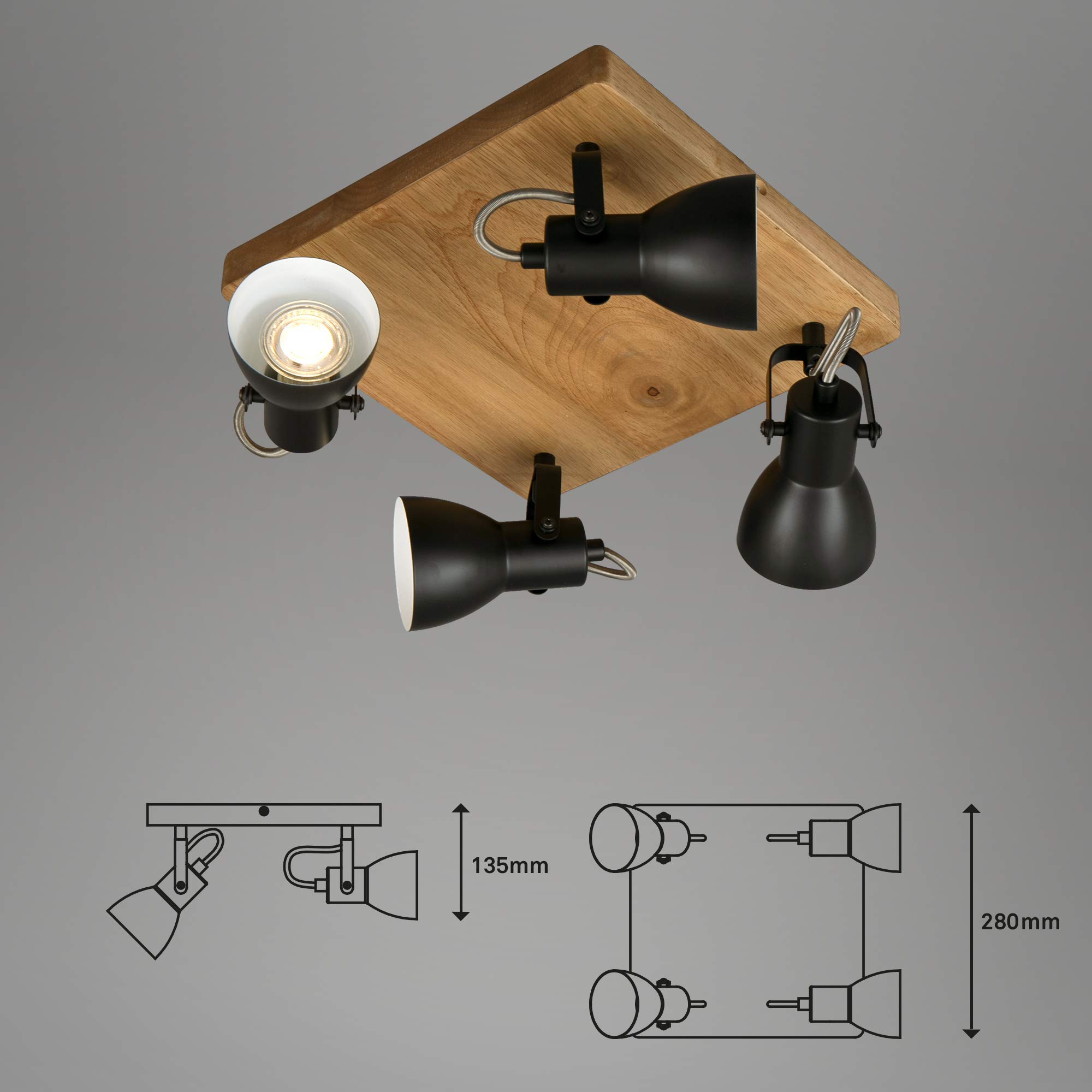 Briloner - Spot, spot de plafond rétro, applique murale vintage, spots orientables et pivotants, 4x GU10, max. 35 W, bois-métal, noir et blanc, 28x28x13,5cm (Lxlxh)