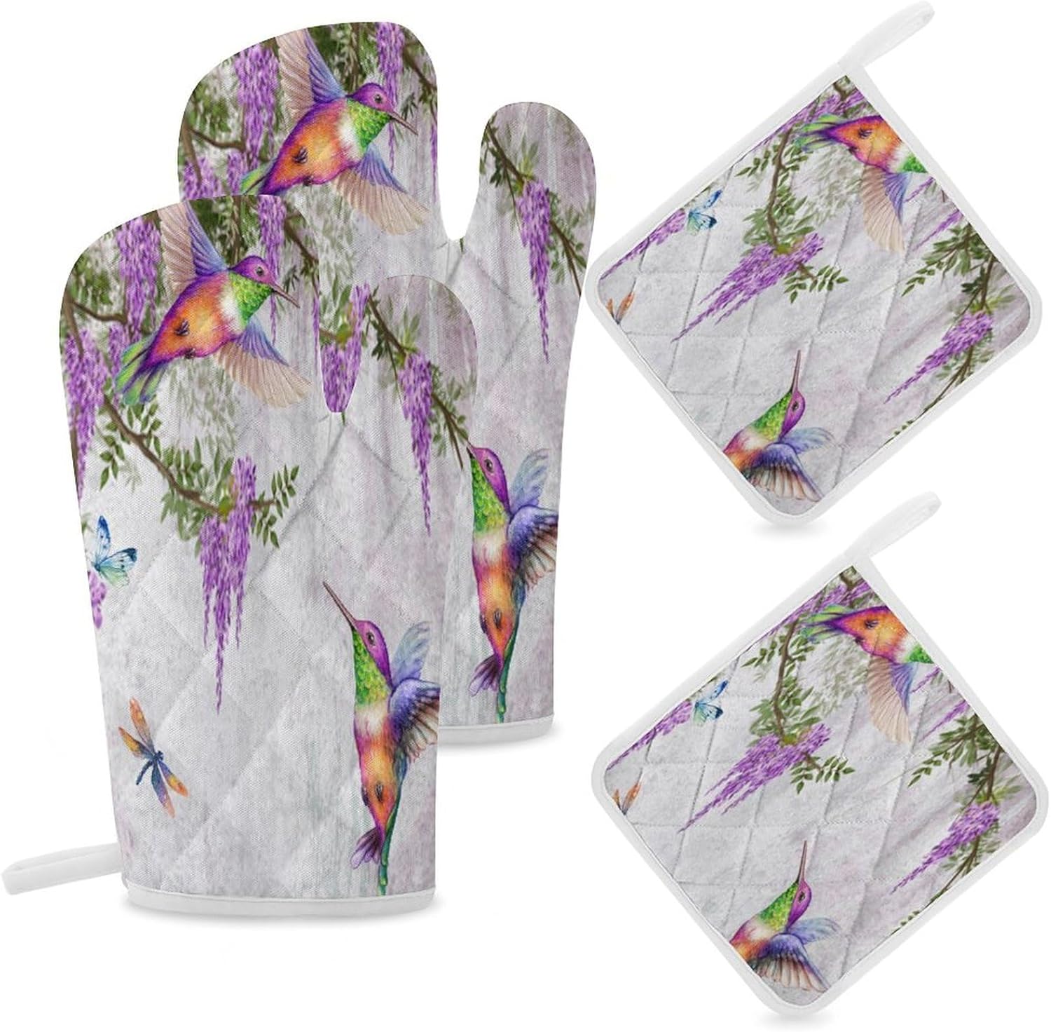 Rustic Wildlife Hummingbird Oven Mitts and Pot Holders 4 Vintage Wildflower Floral Vine Butterfly Bird Piece Setven Mitts and Potholders Cooking Gloves Suitable Kitchen Baking