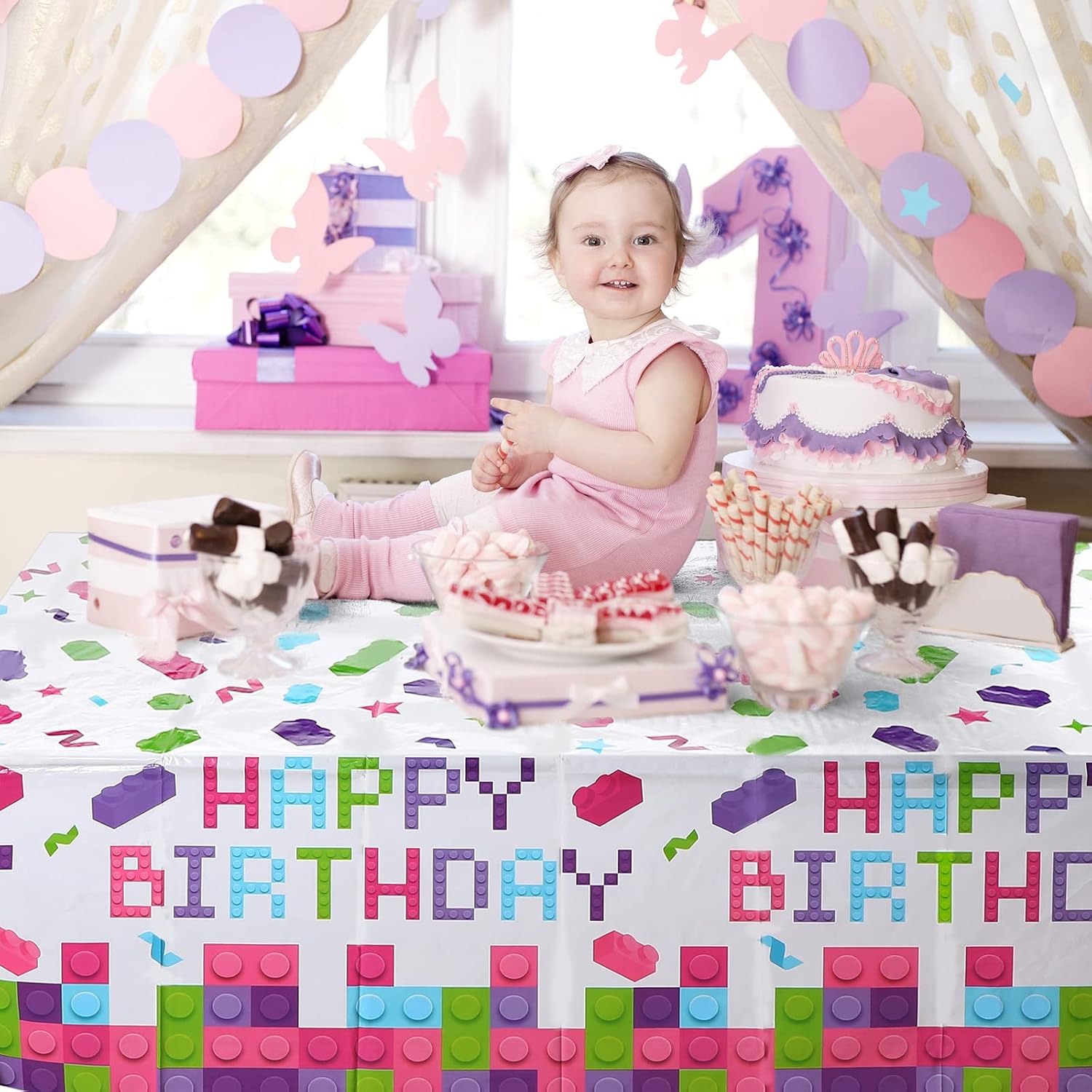 3 Pcs Building Blocks Tablecloth 51 x 108 Inches Disposable Tablecover Birthday Theme Decorations Plastic Table Cover for Girls Blocks Party Decor Supplies Favor (Lovely Color)