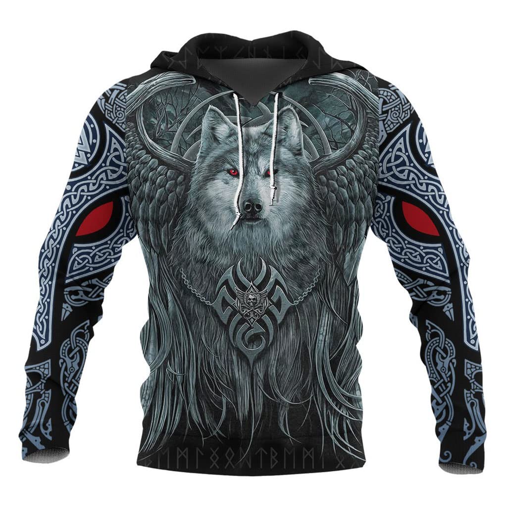 Sudadera Con Capucha De Tatuaje De Lobo Fenrir Vintage De Mitología Nórdica Para Hombre, Sudadera Con Cremallera Y Estampado 3D De Triple Cuerno De Odín Vikingo