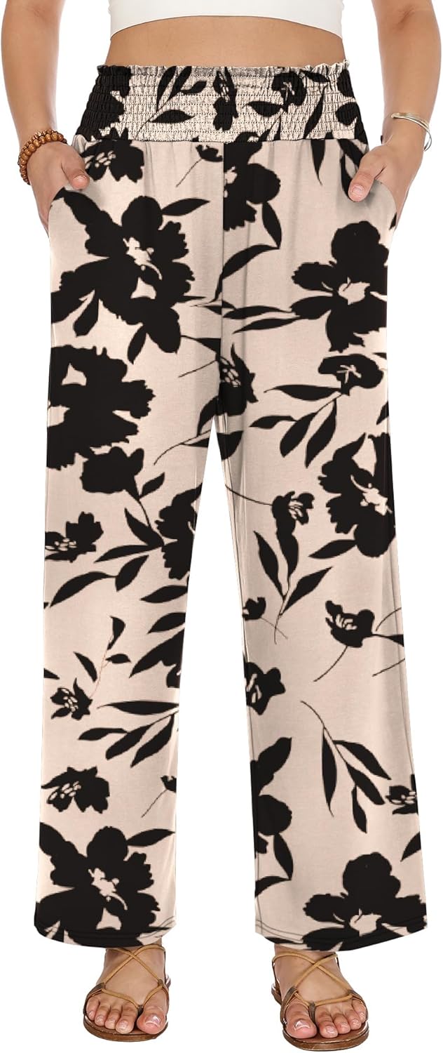 LOMON Palazzo Pants for Women Casual Wide Leg Flowy Pants Beach Vacation Clothes Elastic Waist Boho Trousers with Pockets - Image 2