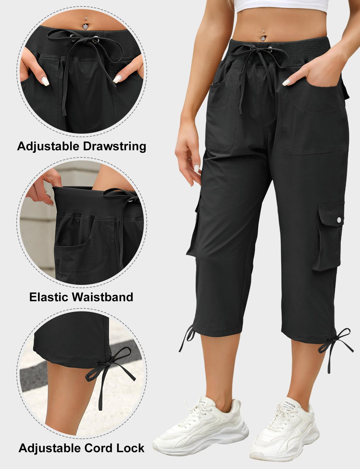 TOMEEK Spodnie dresowe damskie 3/4 Capri letnie spodnie na co dzień luźne spodnie sportowe damskie z kieszeniami i sznurkiem elastyczna talia joga jogging fitness