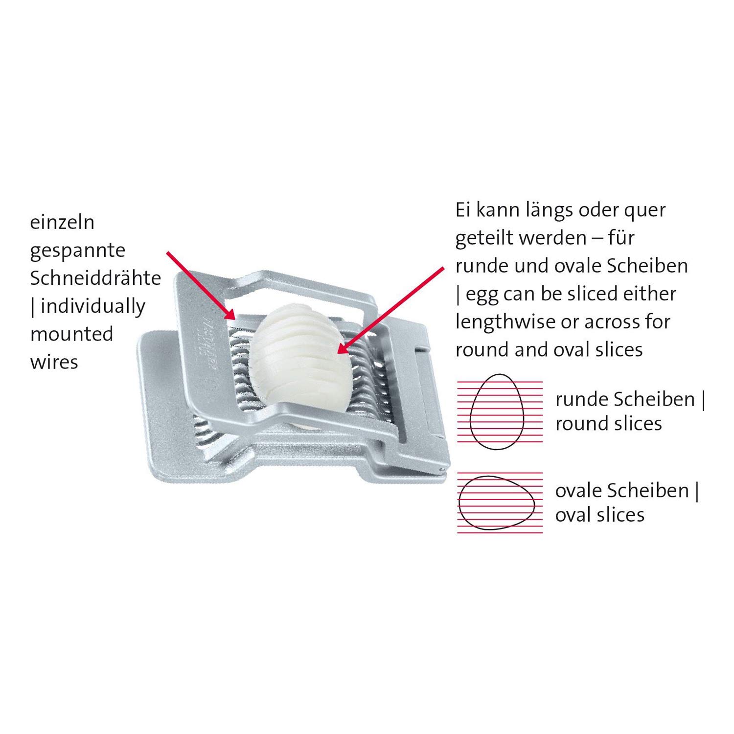 Westmark Cortador de huevos para rebanadas redondas y ovaladas, Alambres de corte tensados ​​individualmente de acero inoxidable, Aluminio/acero inoxidable, Justus, Gris, 10402260