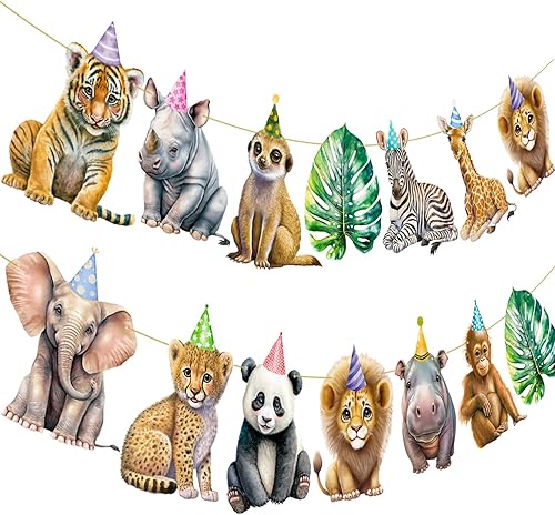 Pancarta de animales de safari, 2 unidades, banderines recortados para fiesta de selva, carteles colgantes con temática de safari, decoraciones de