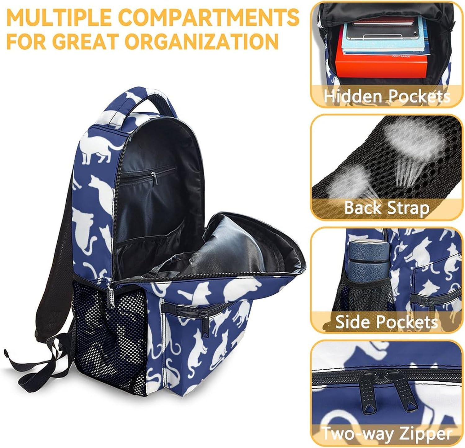 Cat Backpack for Cat Lovers - 16 Inches Aesthetic Backpacks for Kids - Dark Blue Portable Bookbag for Primary School