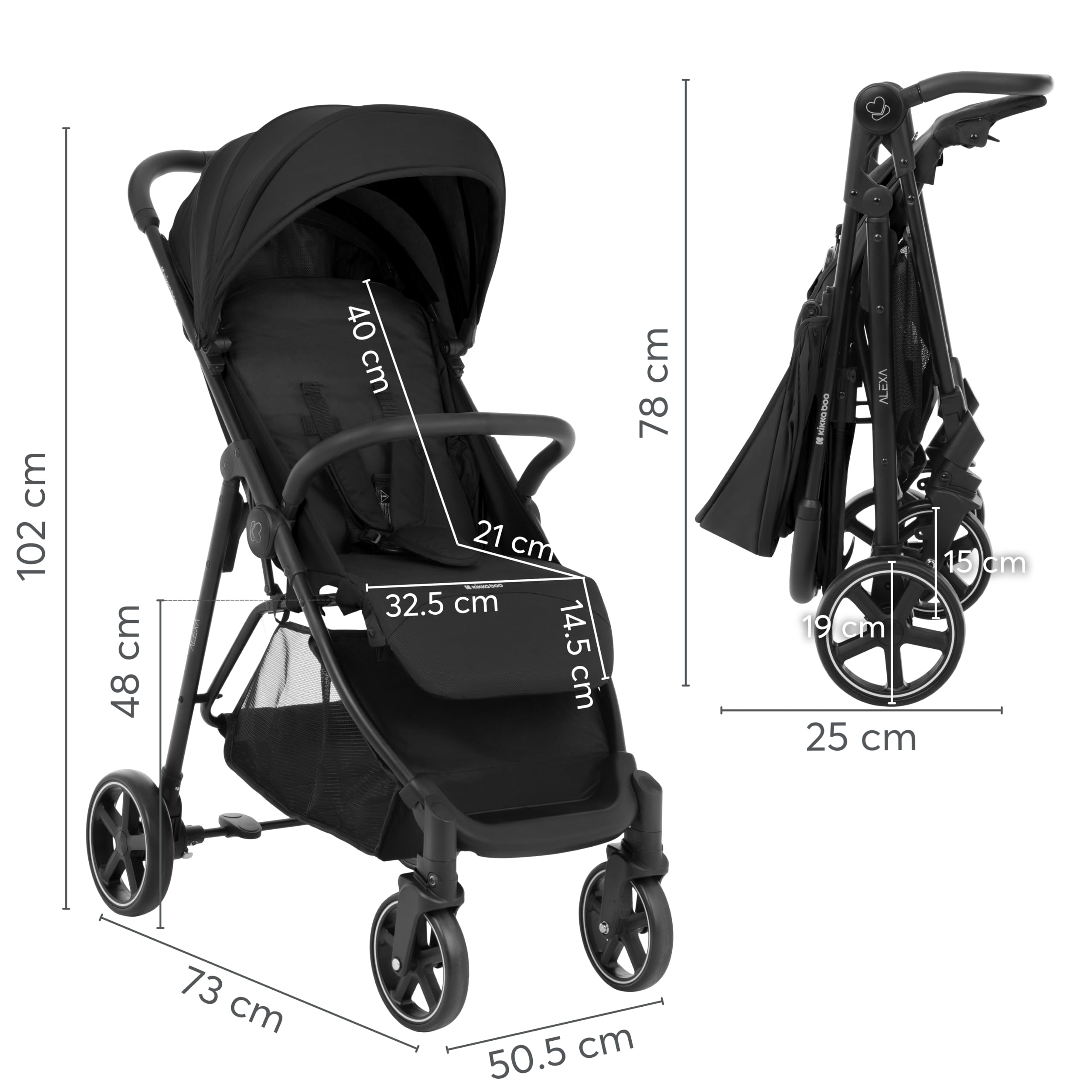 Poussette KikkaBoo ALEXA, poussette bébé jusqu'à 22 kg, légère, compacte, pliable d'une seule main, dossier inclinable, repose-pieds réglable, harnais à 5 points, Noir