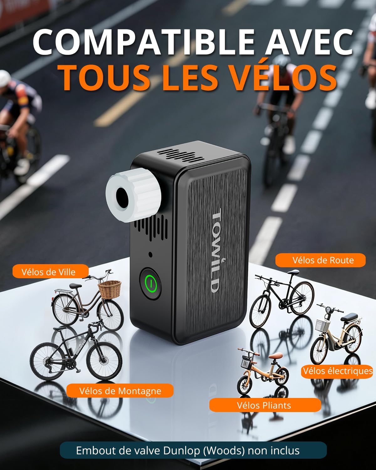 TOWILD A05 Pompe À Vélo Électrique avec Lumière LED, Max 130 PSI Mini Compresseur d'air avec Valves Presta et Schrader Pompe Portable avec Batterie Intégrée 2×400 mAh, Rechargeable USB-C