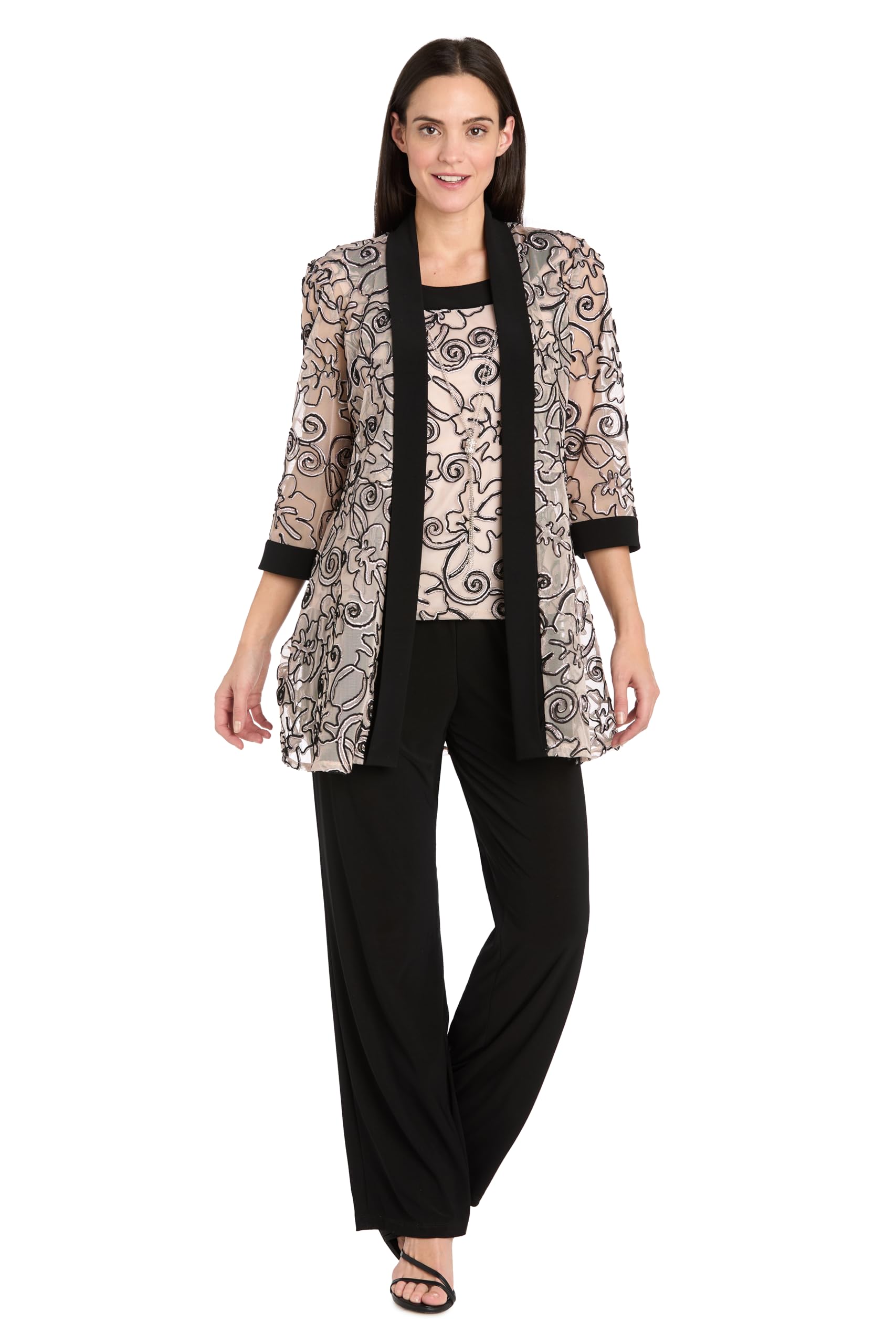 2 PC Floral 3D Embellished Pant Set W Mock Top Matching Jacket Contrast Borders