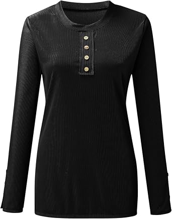 Henley Shirts for Women Ribbed Knit Long Sleeve Button Down Tunic Shirt Slim Fit Scoop Neck Ribbed Knit Tops