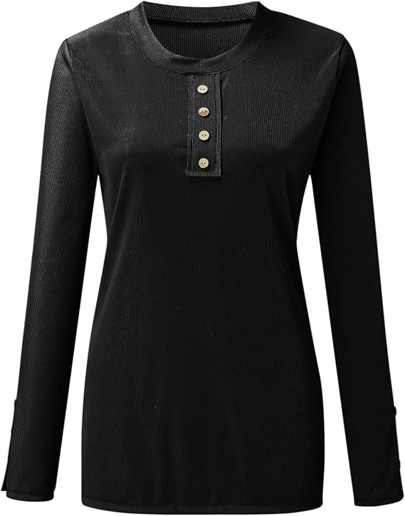 Henley Shirts for Women Ribbed Knit Long Sleeve Button Down Tunic Shirt Slim Fit Scoop Neck Ribbed Knit Tops