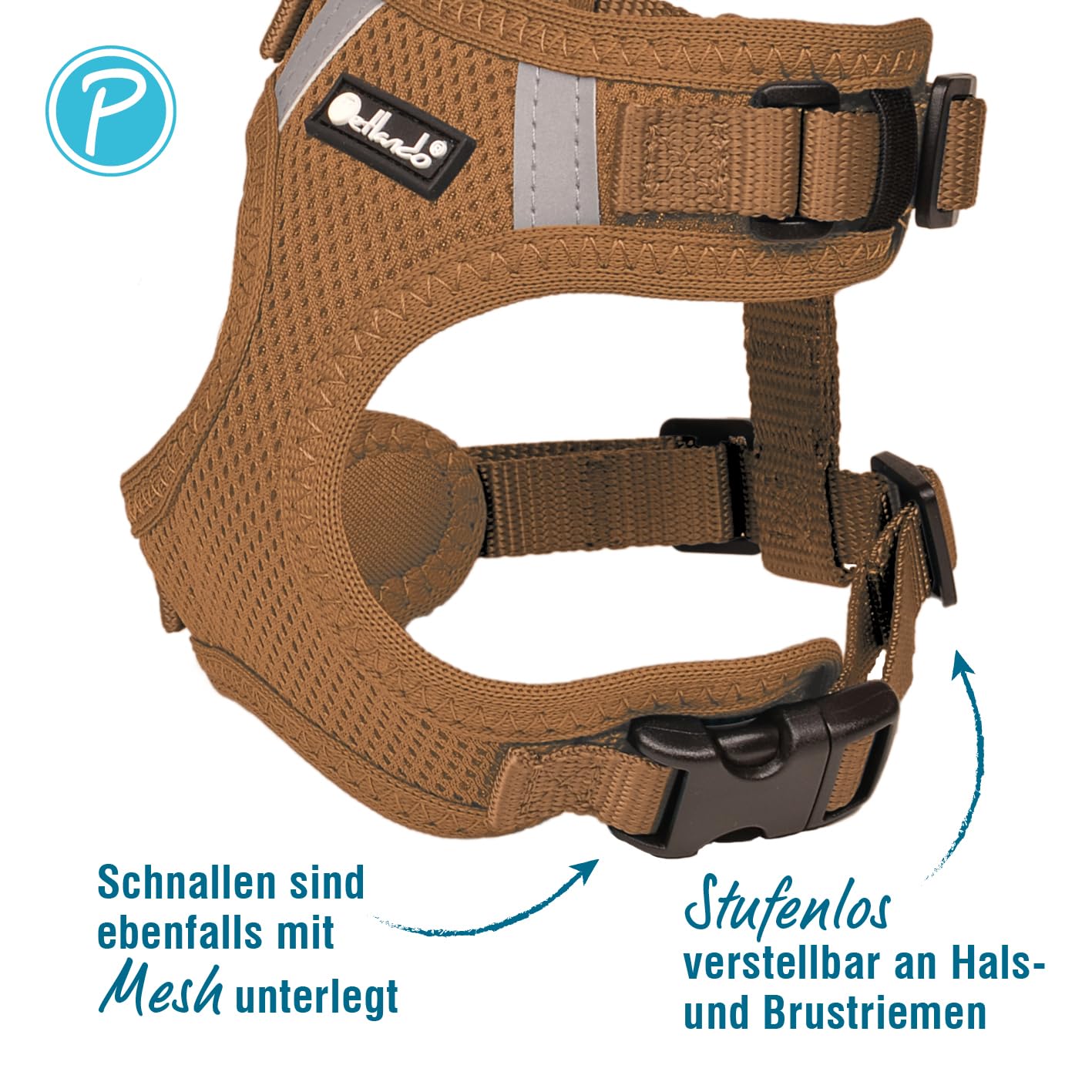 Petlando Hundegeschirr Mesh Vest, leichtes Brustgeschirr aus weichem Mesh & Nylon, stufenlos verstellbar, reflektierend mit 2 D-Ringen, Cognac XL, Geschirr Hund gepolstert