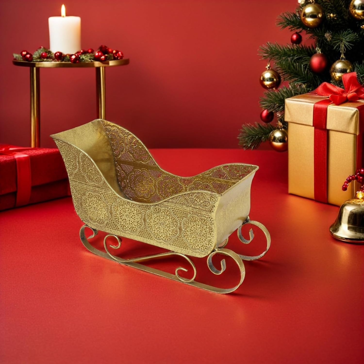 Christmas Sleigh Decoration - Retro Santa Claus Sleigh Metal Sled Model for Presents Candy Platter Holiday Season Table Centerpiece