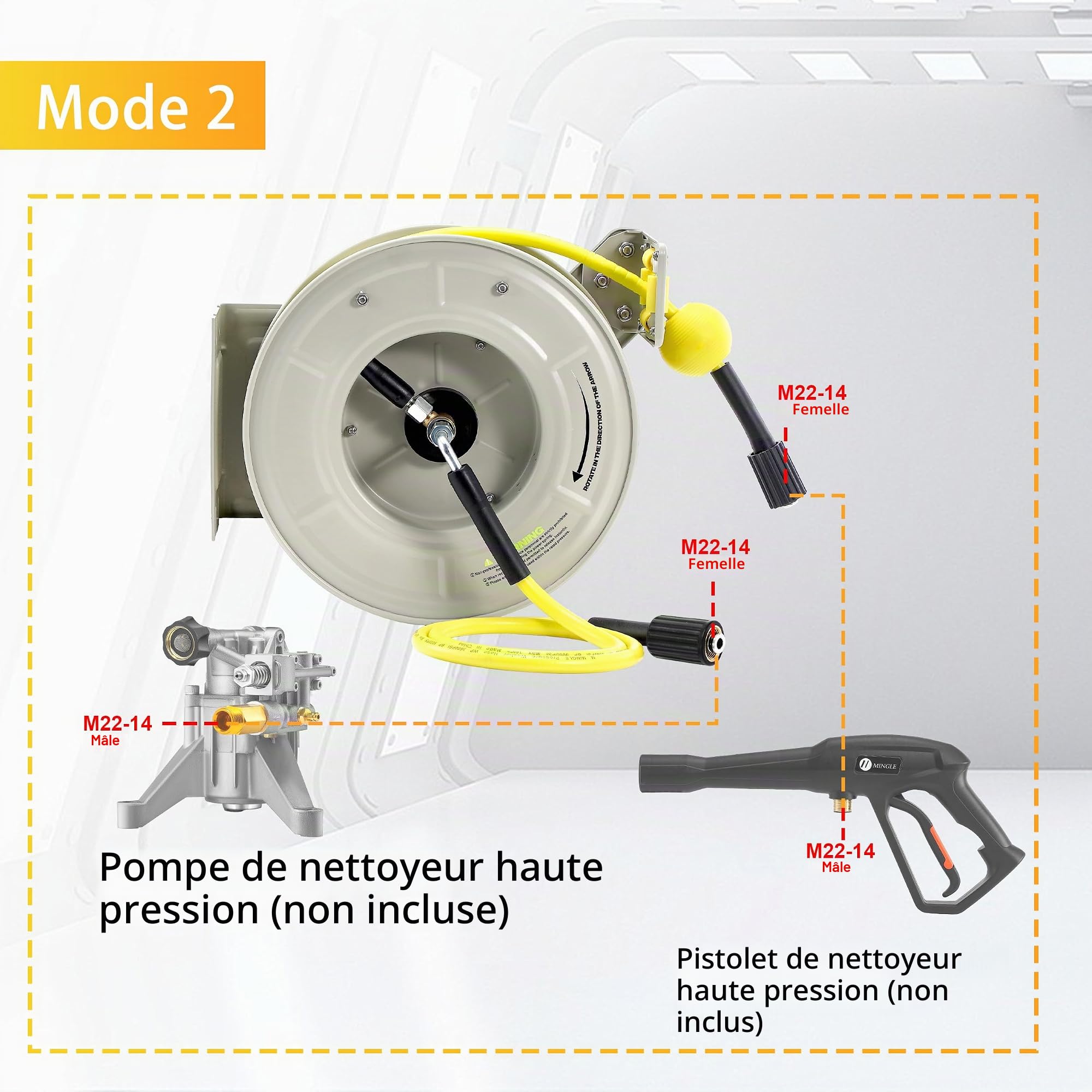 M MINGLE Enrouleur de Tuyau Rétractable pour Nettoyeur Haute Pression, Compatible avec les Séries Karcher K2, K3, K4, K5, K6, K7, 1/4" (6,35 mm) × 18 m, Montage Murale, 250 bar (3600 PSI)