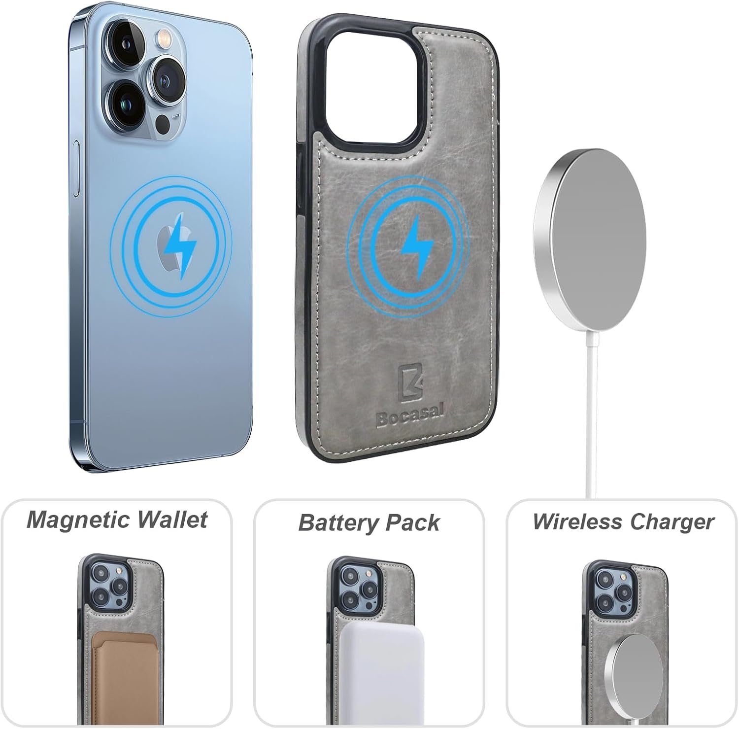 Bocasal for iPhone 13 Pro Wallet Case Compatible with MagSafe Wireless Charging, RFID Blocking Magnetic Leather Case with Card Slots Holder Kickstand Detachable Wrist Strap 6.1 Inch (Grey)