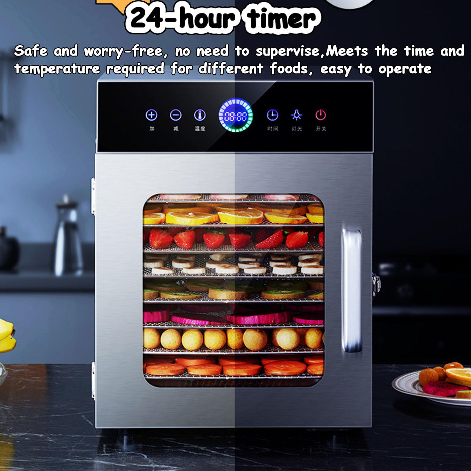 Essiccatore alimentare a 8 vassoi in acciaio inox con termostato regolabile e timer digitale – Essiccatore commerciale per frutta, verdura, carne, a scatti di pesce, erbe aromatiche