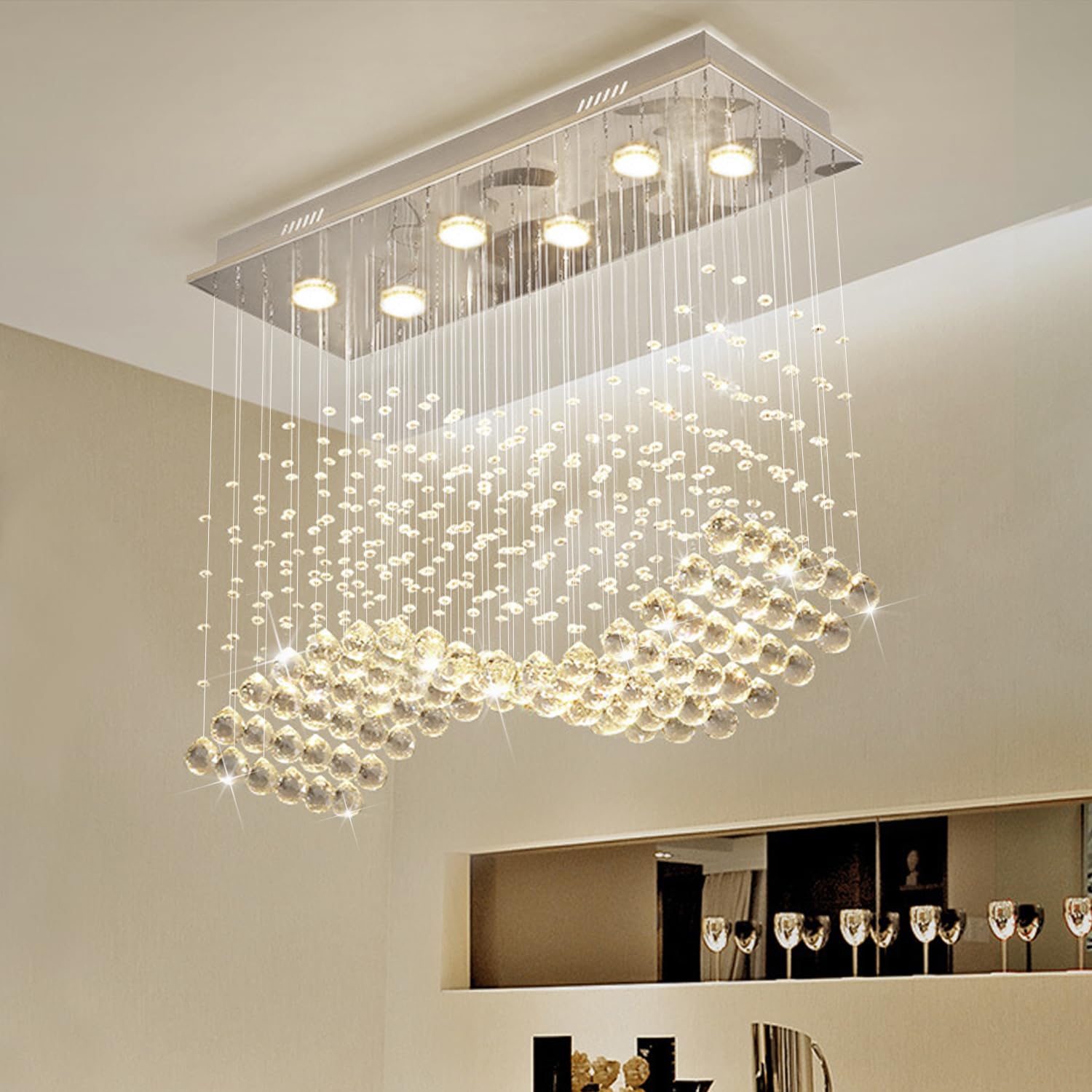 Modern Wave Crystal Chandelier, Rectangular Raindrop Chandelier Flush Mount Pendant Lighting Chrome Ceiling Light Fixture for Dining, Living Room, Kitchen Island, Bedroom, L23.6'' x W9,8'' x H27.6''