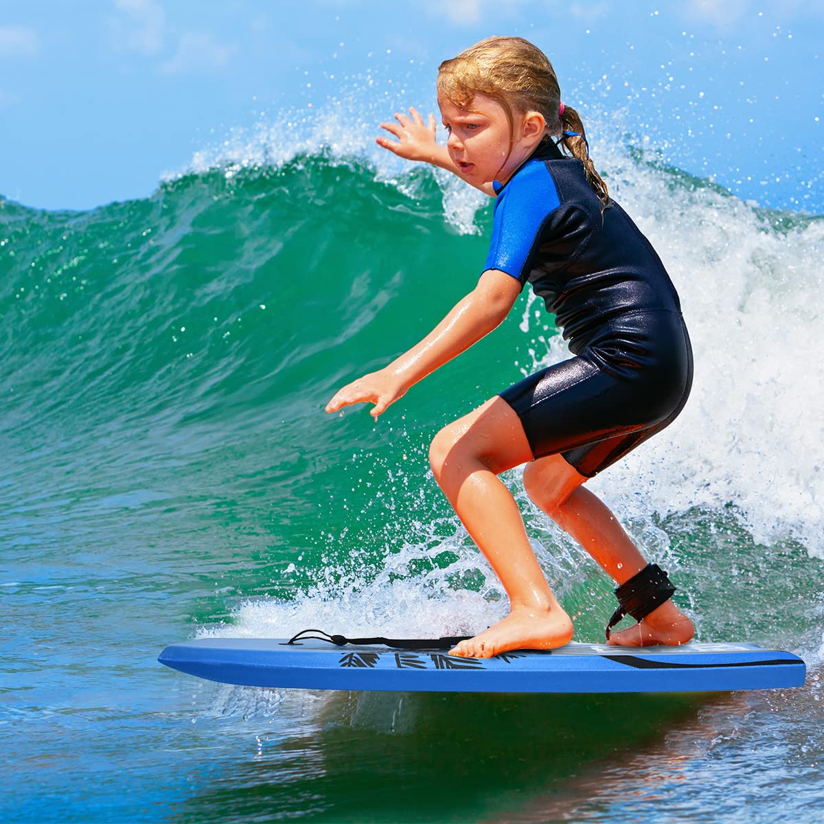 GYMAX Tabla de Surf de 105 x 51 cm, con Cuerda de Tracción, Carga Máxima: 85 kg, Tabla de Surf con Núcleo de Espuma EPS, para Niños y Adultos (Azul)