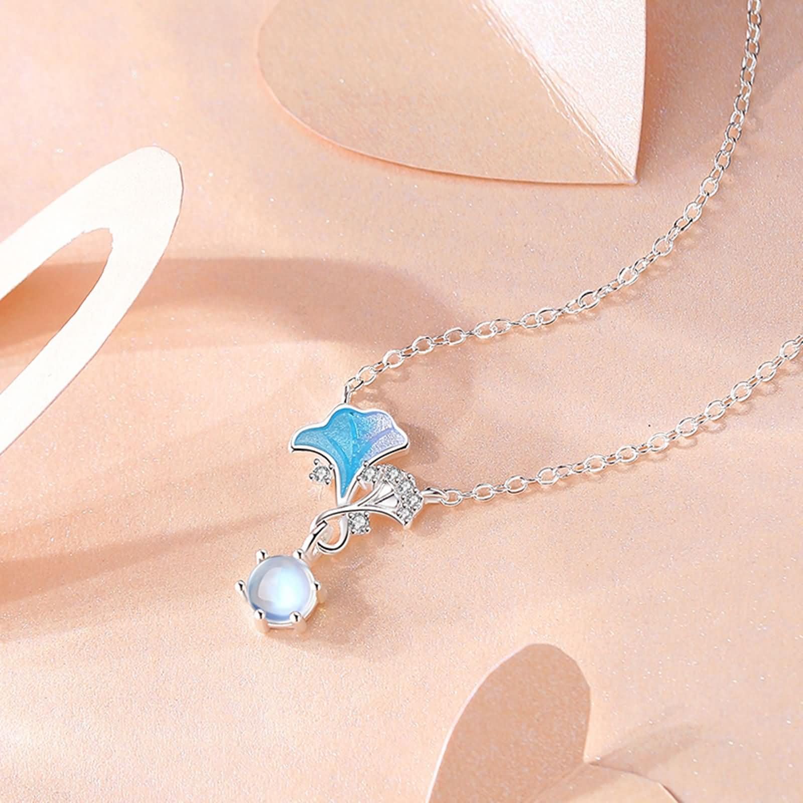 Donna Ciondoli Collana Oro Bianco 9K / 14K / 18K 750, Smalto Ginkgo con Pietra di Luna e Moissanite, Collane da Donna in Argento