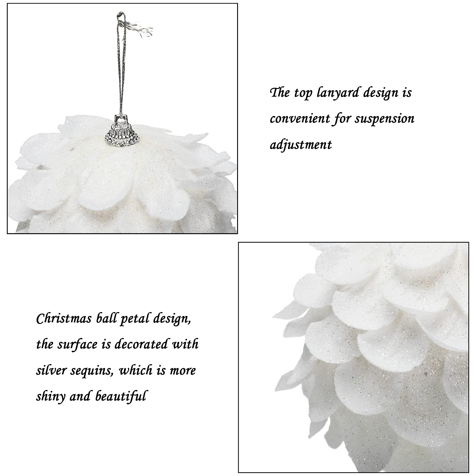 Bolas de Navidad, suministros de decoración, 6 piezas colgantes de bolas de Navidad, bolas colgantes de espuma con purpurina blanca como la nieve de 3,9 pulgadas con pétalo, adornos de bolas de árbol