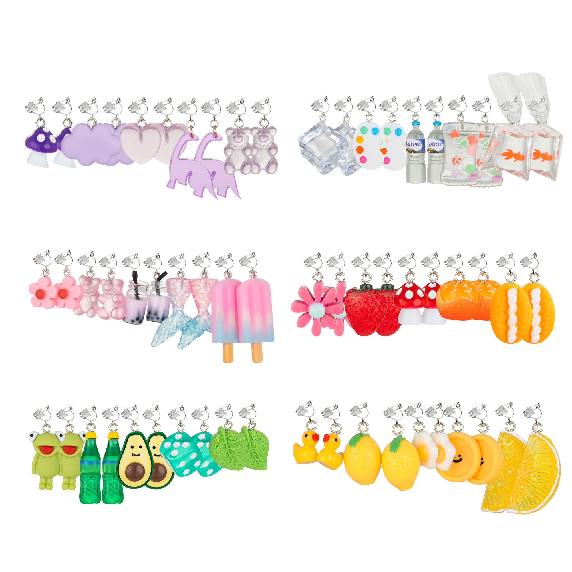 30 Pairs Weird Cute Funny Fun Dangle (or Clip on) Earrings set for Women Unique Bear Duck Mushroom Fruit Flowers Food Animal Drop Dangle Aesthetic Earrings Gifts for Women