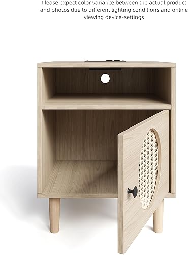 Miniatura 6 de KIETLER Mesita de noche de ratán con estación de carga, mesa auxiliar bohemia, mesa auxiliar con puertos USB y tomas de corriente, 1 almacenamiento