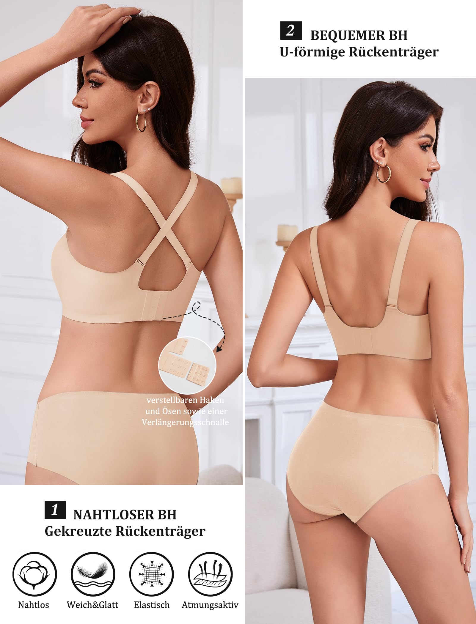 Vtelor BH Damen Ohne Bügel Push Up BH Große Brüste Starker Halt Bügelloser Seamless Nahtloser BHS Tiefer V-Ausschnitt Soft Tshirt Schlaf Bra Bequem Klassische Bustier Gepolstert Bralette Ohne Buegel