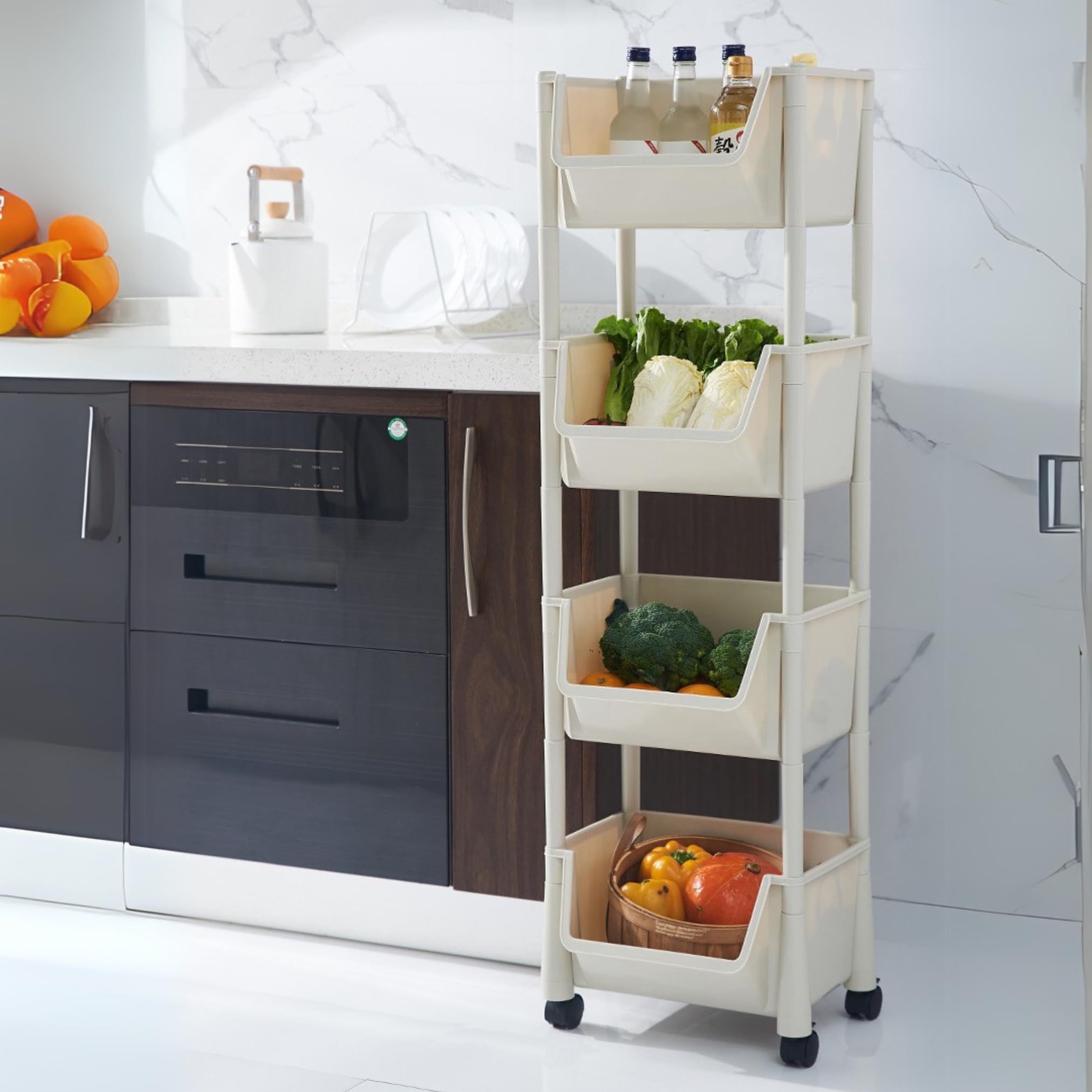 Plastic Trolly Cart, Multipurpose Storage Organizer, Rotating Bookshelf, Mobile Storage Trolley with Wheels, Used in Bedrooms, Living Rooms, Kitchen, Office. (4-Layer)