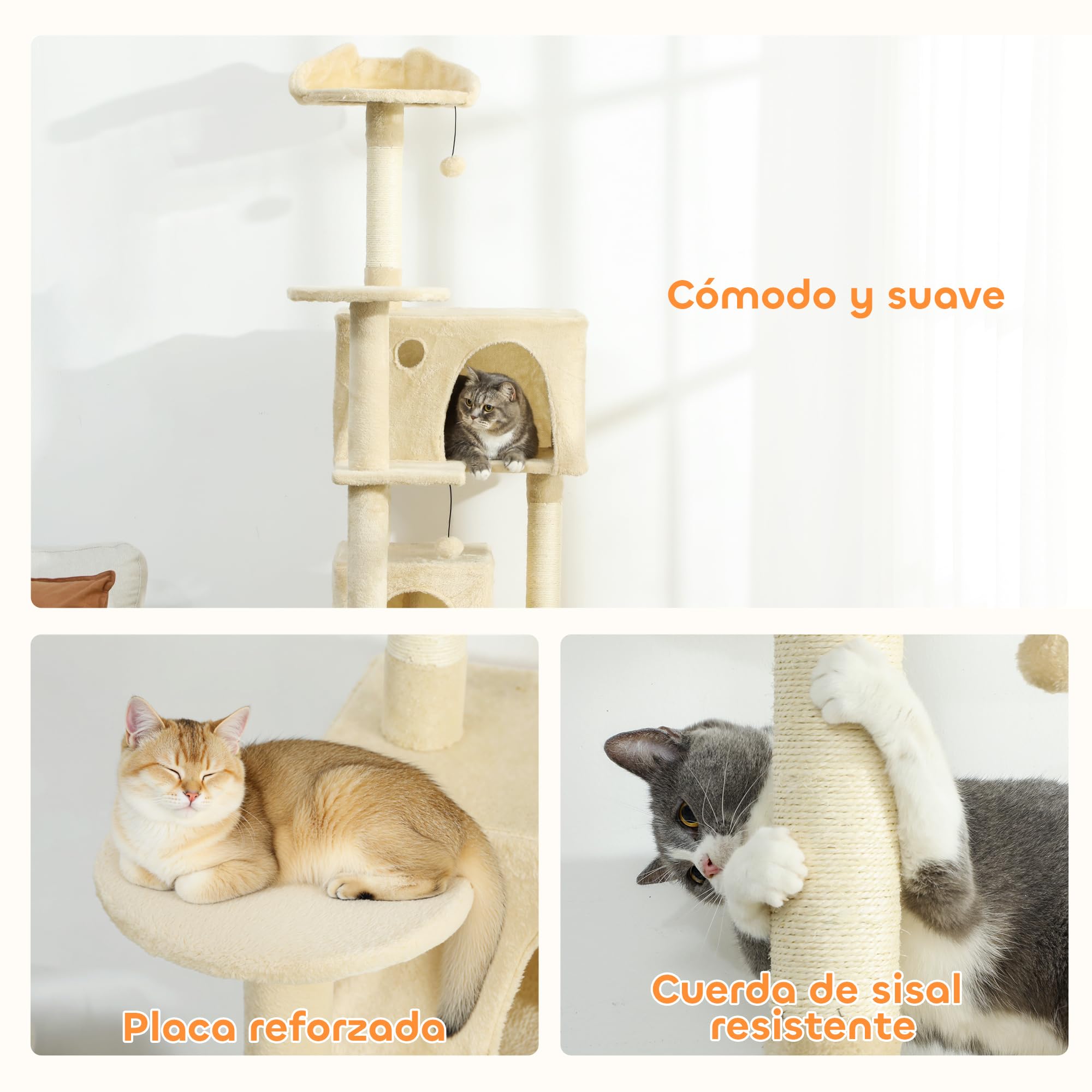 PawHut Árbol Rascador para Gatos, Árbol para Gatos 180 cm, Torre Escalador con Múltiples Plataformas, Cama, 2 Cuevas, Hamaca, Escalera, Postes de Sisal, Bolas para Jugar, Beige