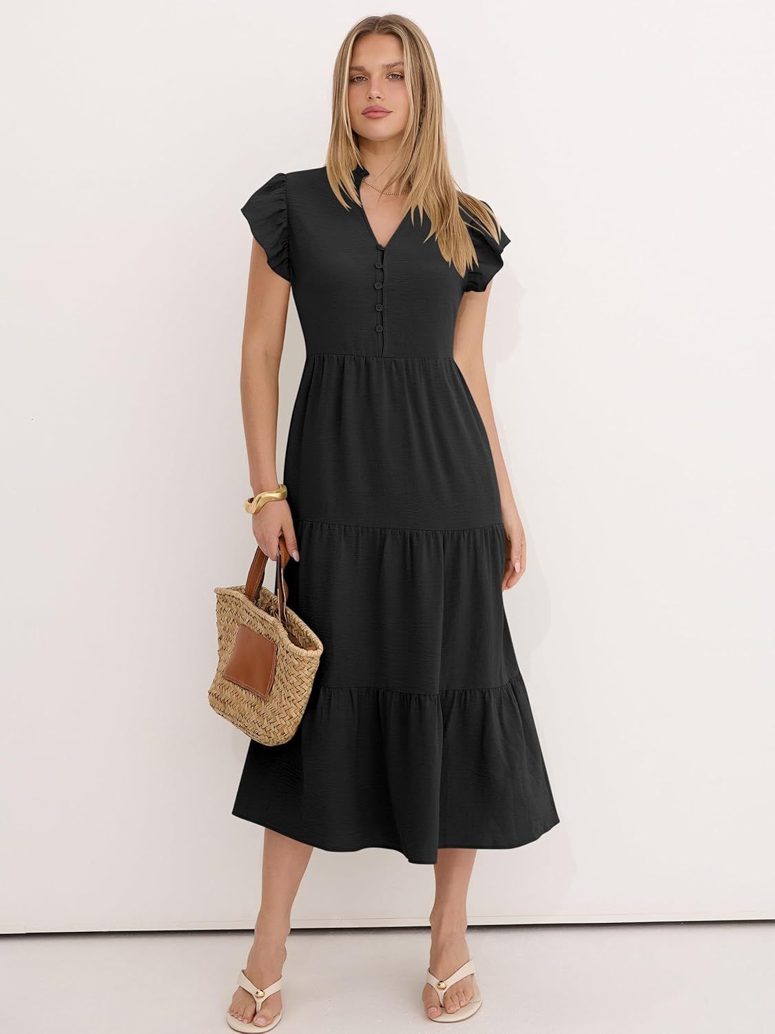 Caracilia Women Summer Casual V Neck Button Down Ruffle Sleeve Midi Dresses 2026 Fashion Flowy Tiered Beach Vacation Sundress - Image 2