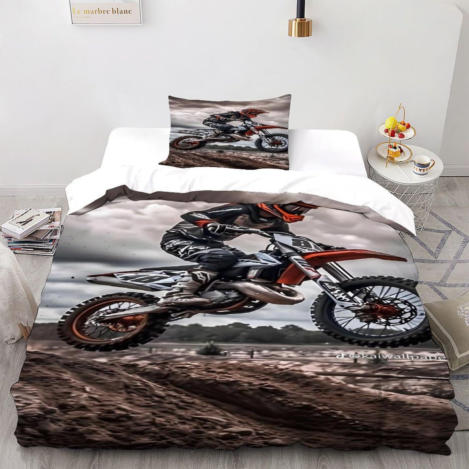 Motocross Bike Bedding Set Theme Bedspread Sports Theme Duvet Cover Set Chic Breathable Quilt Cover Universal for All Seasons Pillowcase Single（135x200cm）