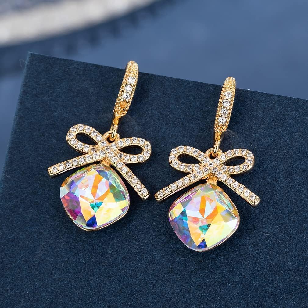 EVEVIC Austrian Crystal Cushion Bow Drop Earrings for Women 14K Gold Plated Hypoallergenic Dangle Earring Jewelry Gifts
