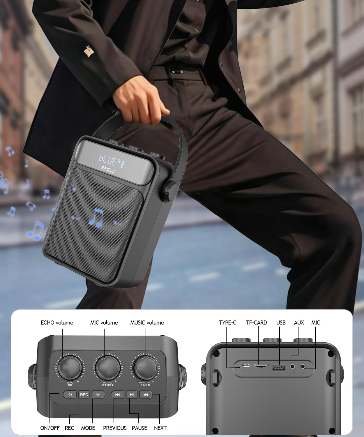 Control panel and ports of SHIDU S95 Voice Ampbiziagoa