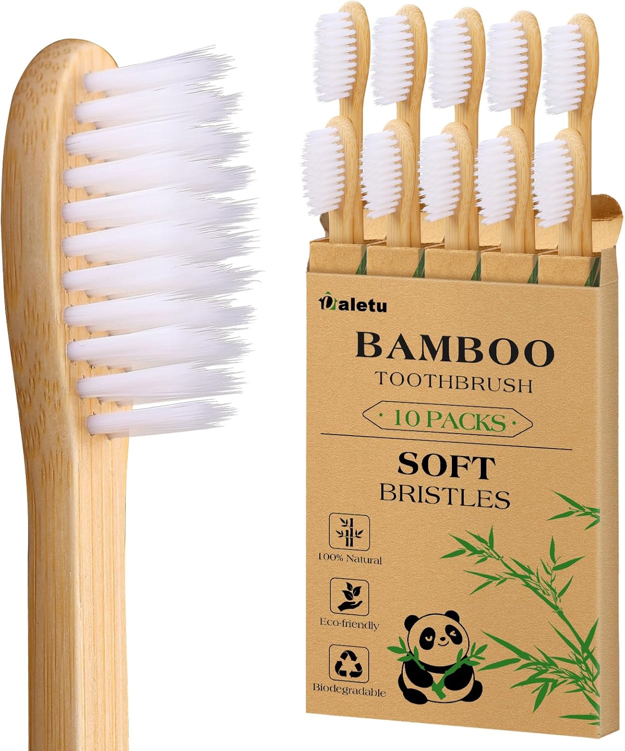Daletu Bamboo Toothbrush Soft Bristle10-Pack, Biodegradable BPA Free Natural Toothbrush, Eco-Friendly, Wooden Organic Non-Plastic Travel Toothbrushes for Adults