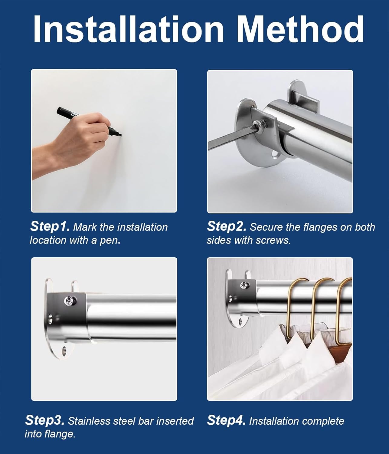 Heavy Duty Mountable Drilling Closet Rod, U-Shaped End Caps, Wardrobe Hanger Rail for Window, Bathroom, Room Divider - 66cm/26in Durable Closet Pole