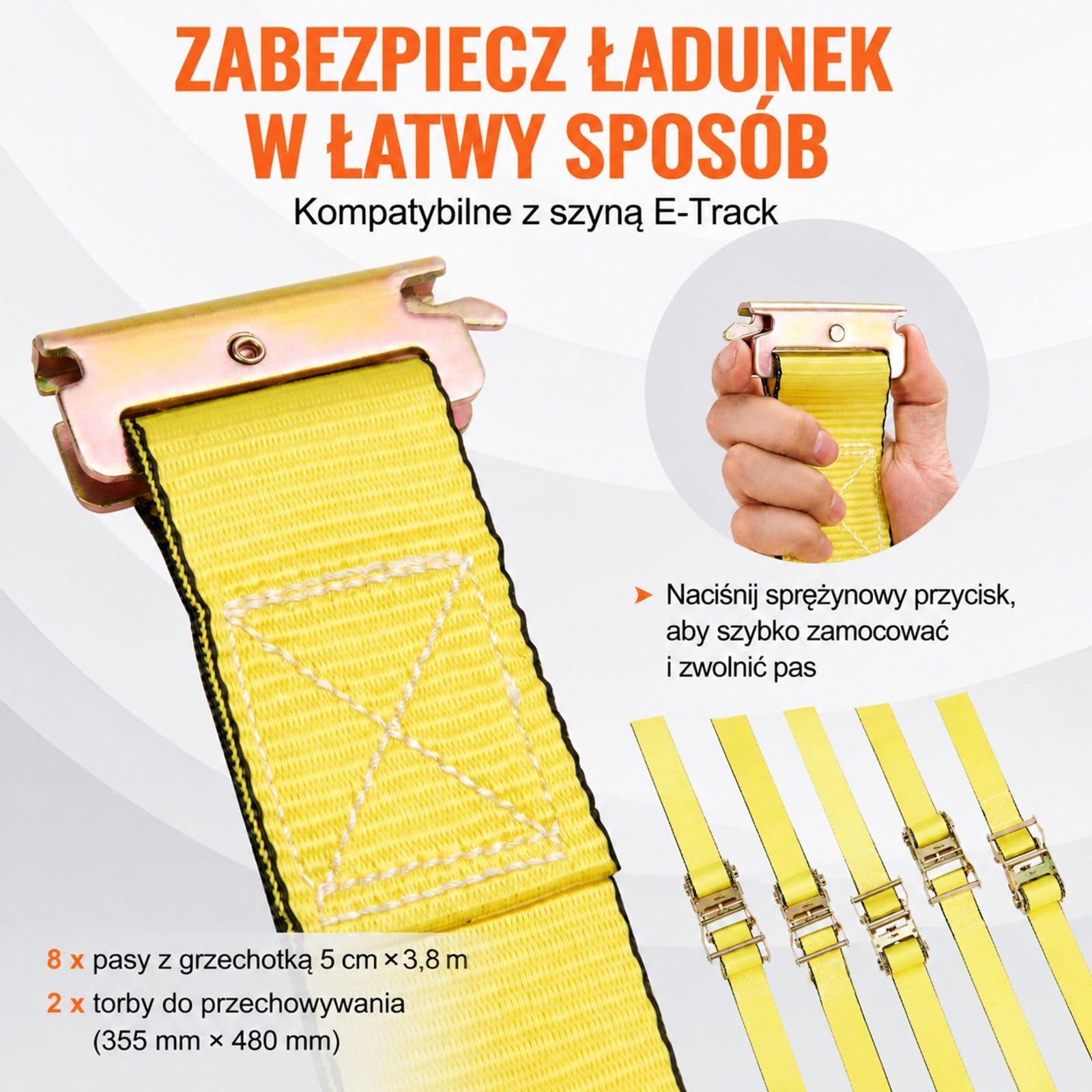 Zestaw 8 pasów mocujących z mechanizmem zapadkowym i końcówkami E-Track do ładunku, przeprowadzek, sprzętu domowego oraz ogrodowego