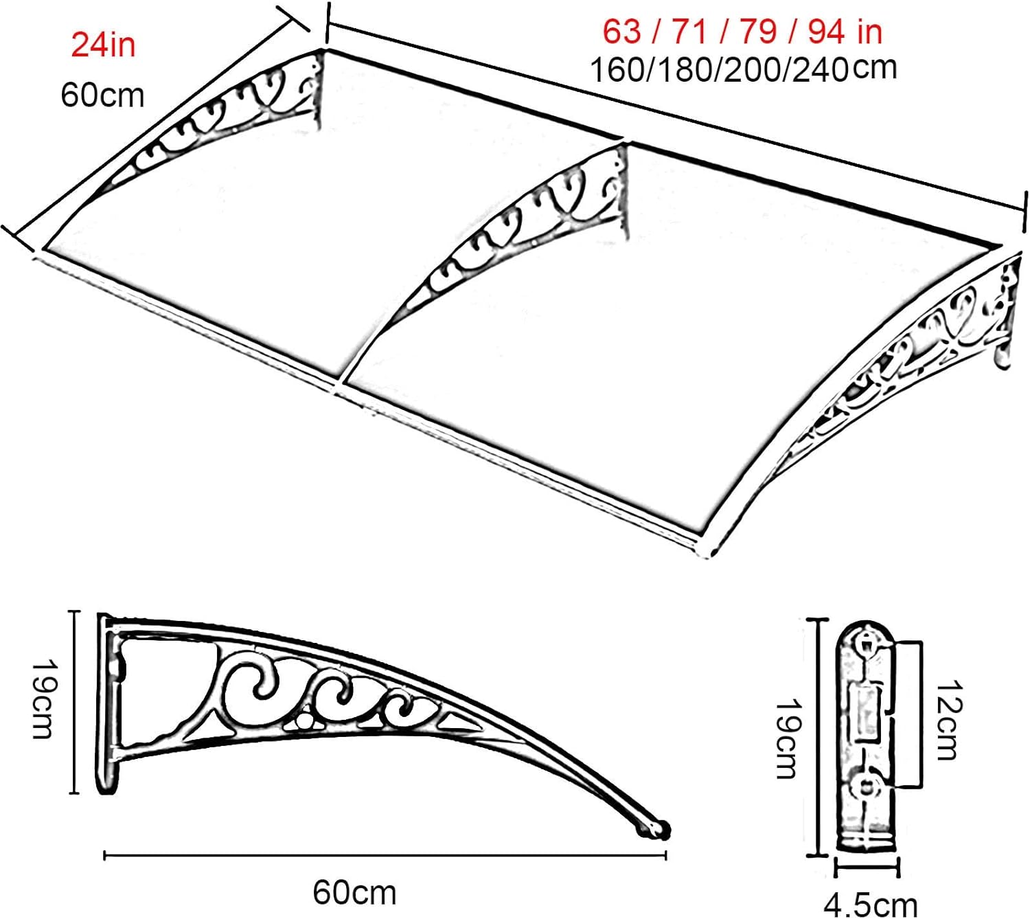 Window Awning Door Canopy Canopies, Clear Polycarbonate Front Door Canopy with Black Bracket, Water Rain Resist Patio Awning Canopy for Rain Snow Sunlight Protection Hollow Sheet (Color : Cl