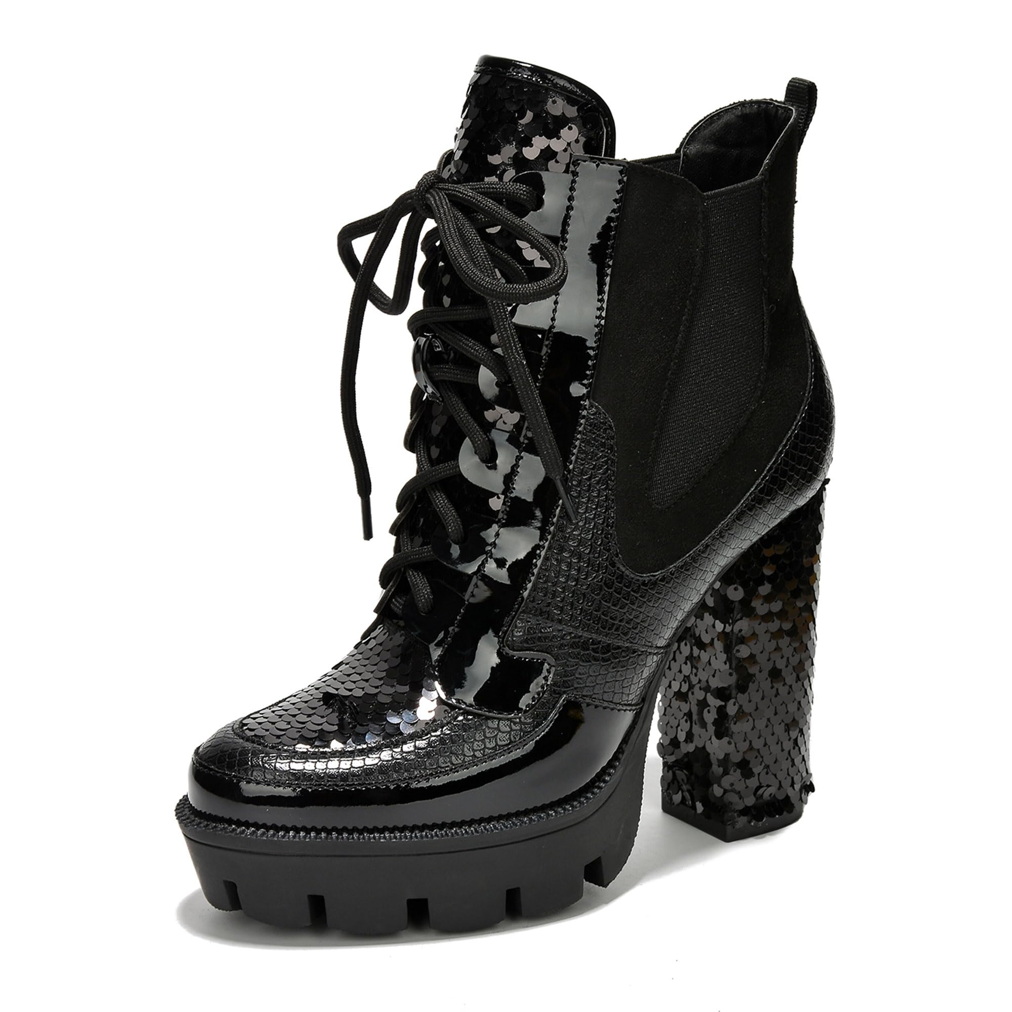 Cape Robbin Nell Heeled Boots for Women Sparkly Sequin Platform Chelsea Boots Women - Chunky Block Heels with Sequined Tongue and Heel - Stylish