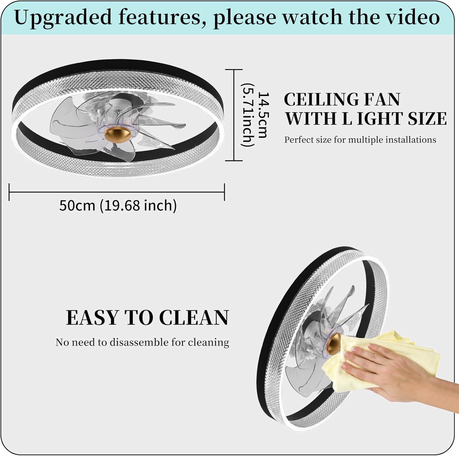 Diagram showing the dimensions of the 20-inch ceiling fan (50cm diameter, 14.5cm height) and an illustration of easy cleaning without disassembly.