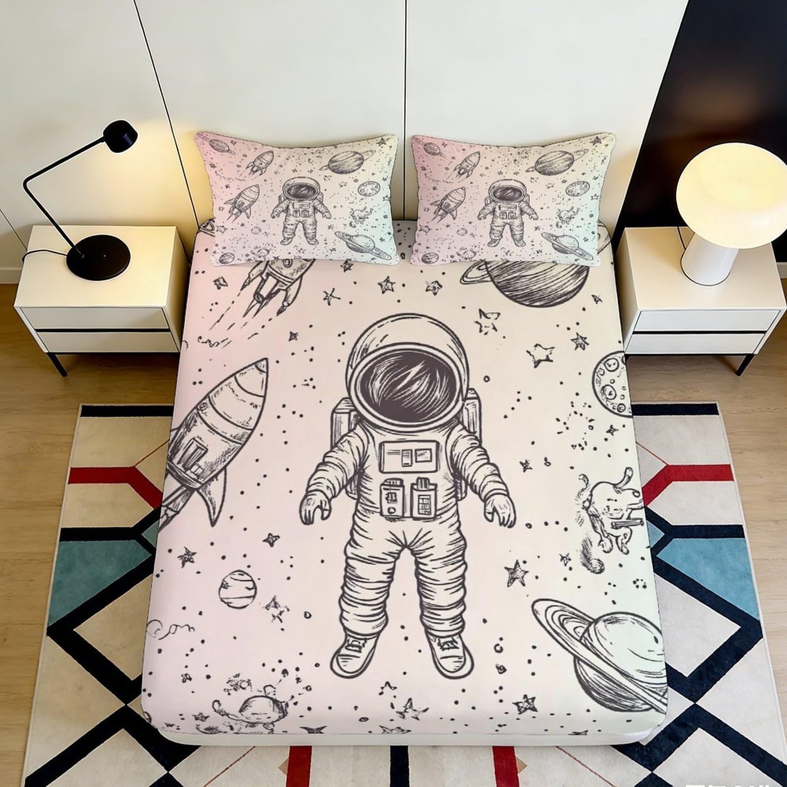 3D Printed Astronaut Rocket Fitted Sheet Microfiber Bedroom Decor Planet Bed Cover for Home Guest Room Dorm 90x200x25cm