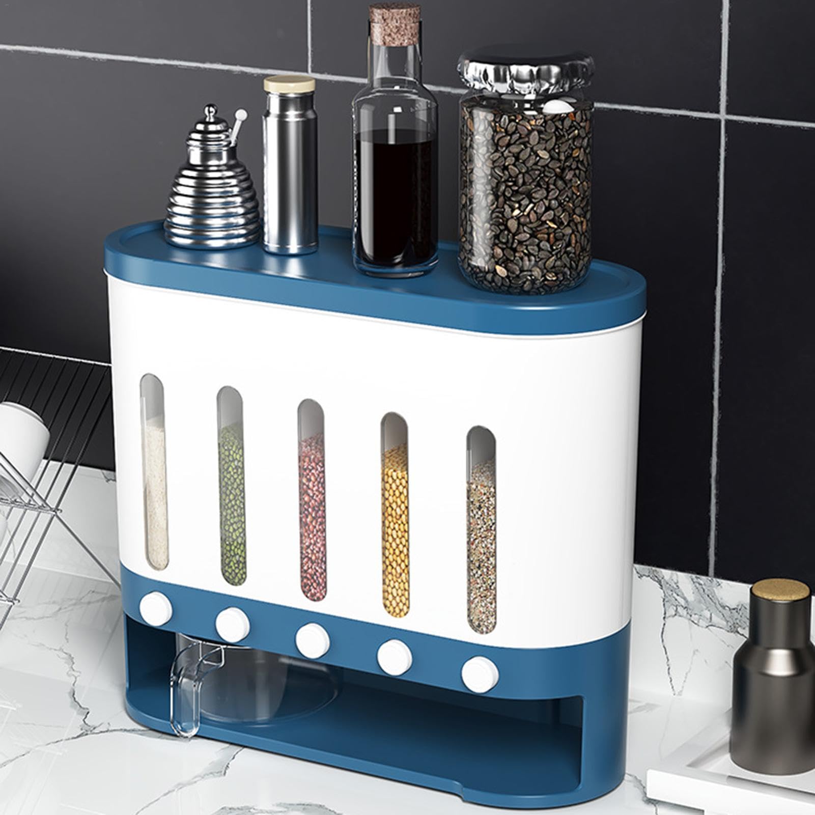 Contenitore per cereali – Porta cereali montato a parete, 5 scomparti, cucina domestica, contenitore da viaggio con finestra dispenser di cibo visibile per noci, cereali, snack, fagioli | cucina domestica, contenitore da viaggio con finestra dispenser di
