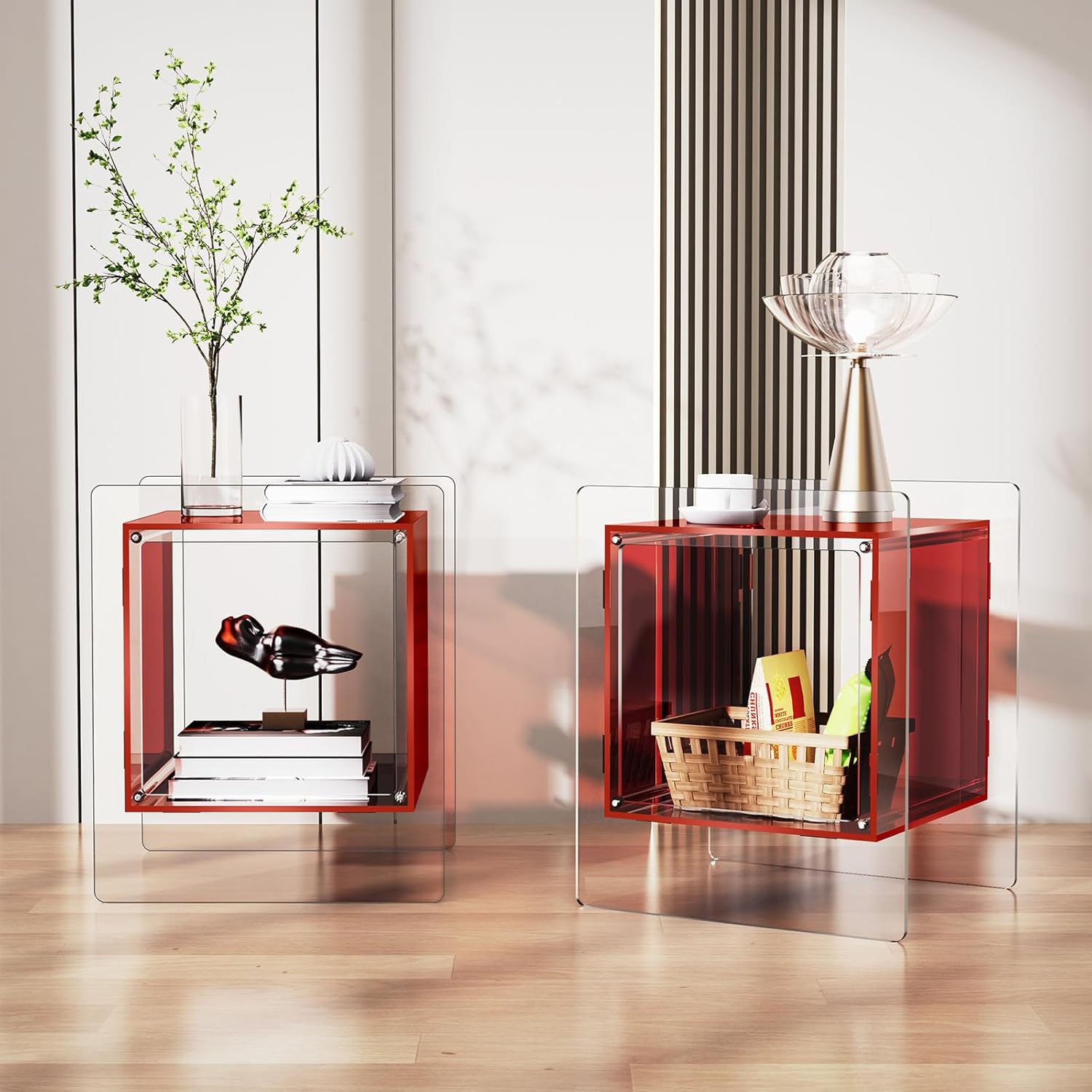 Acrylic Nightstand Colorful Bedside Table with Open Storage Shelf,Clear Side Table for Living Room (1, Red)