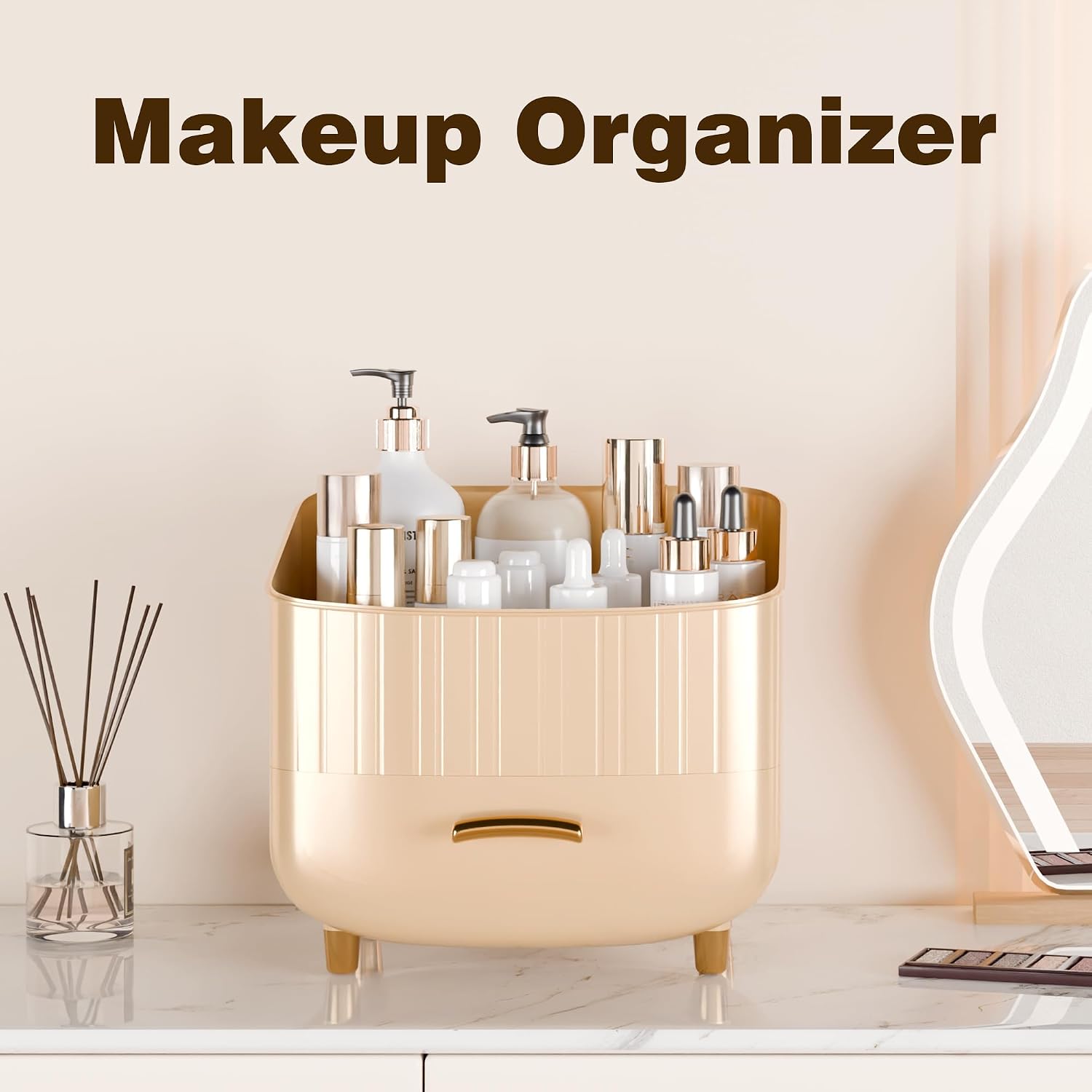 Makeup Organizer Countertop Vanity with Drawers Cosmetic Skincare Bathroom Storage Gift for Women Teens Girls (Beige)