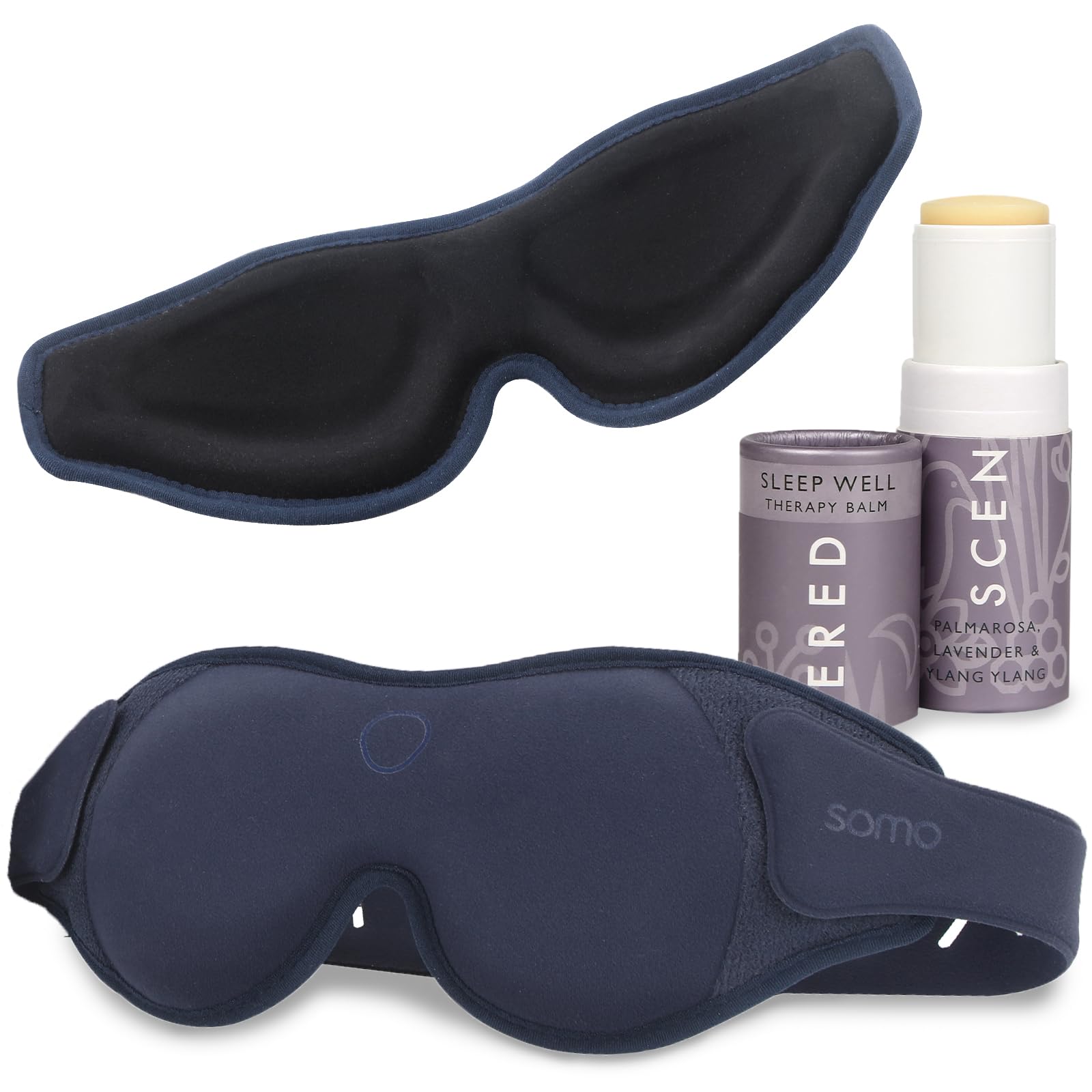 Scentered x SOMO Luxury Blackout 3D Sleep Mask for Side Sleepers & Sleep Well Aromatherapy Balm - Acupressure Eye Mask with Eyelash Space, Hypoallergenic - 4-in-1 Sleep Gift Set with Pouch & Wash Bag